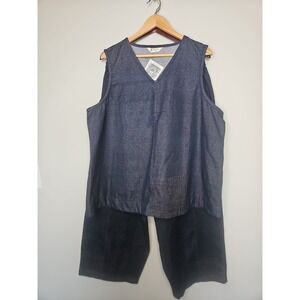 Marketplace Of India 2W Blue Vest Top Pant Set Embroidered Lagenlook Minimalist